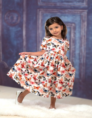 Butterfly Design Organic Cotton Girls Twirl Dress 2Y-10Y short sleeve 